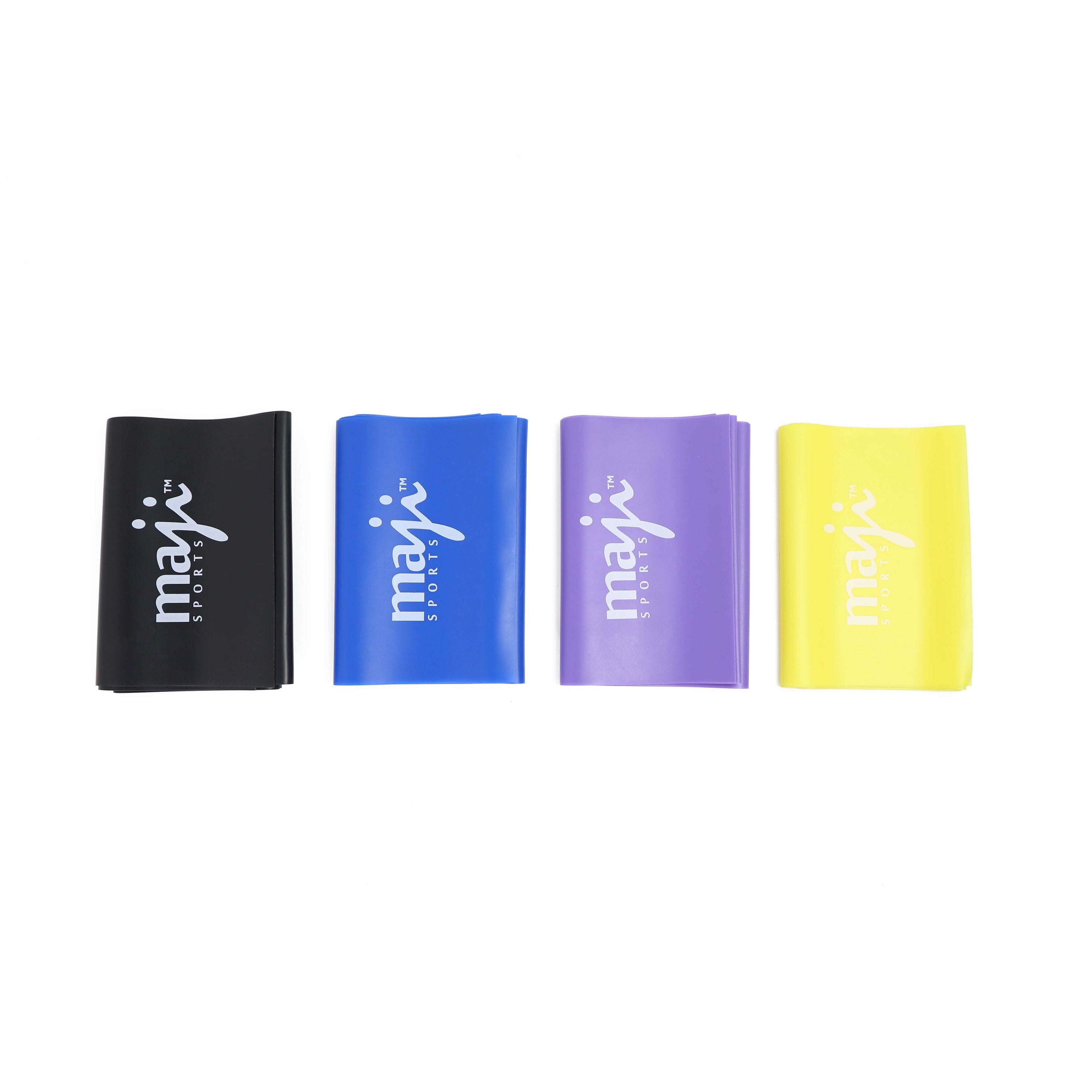 Full Body Exercise & Stretch Bands in four colors representing different resistance levels, ideal for various workouts.