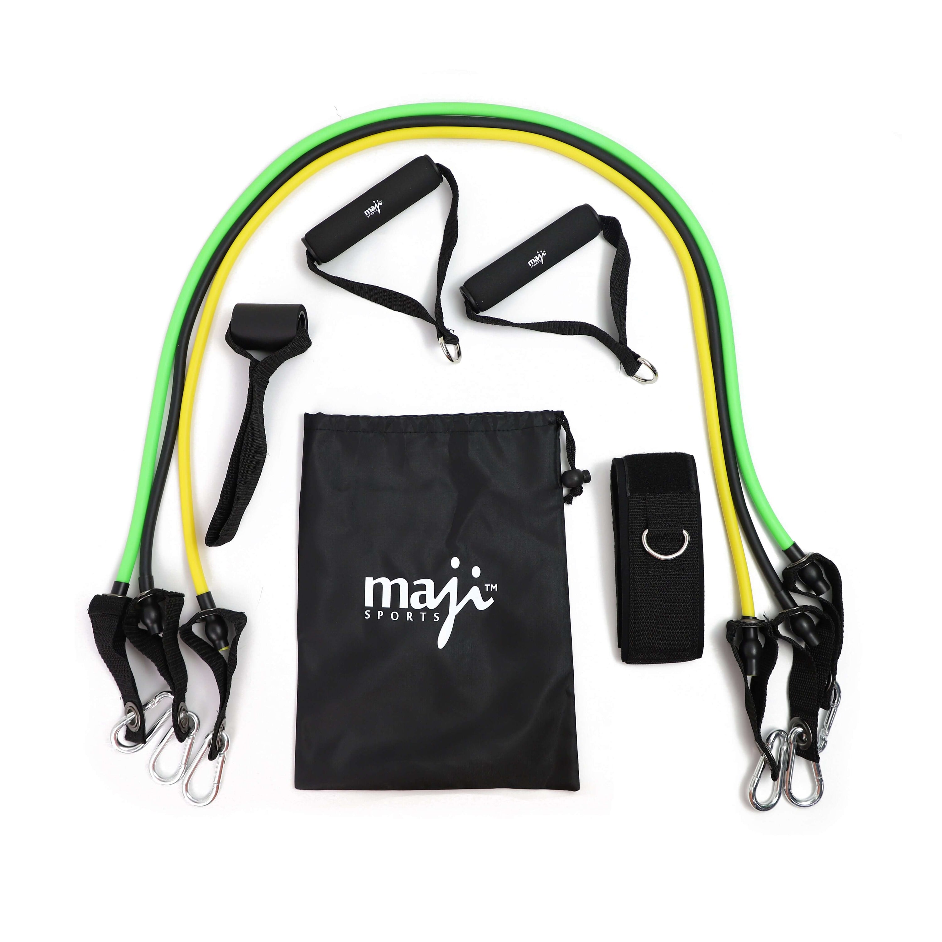 Full-Body Resistance Training Workout Tube Kit with various resistance bands, handles, and accessories in a carry bag.