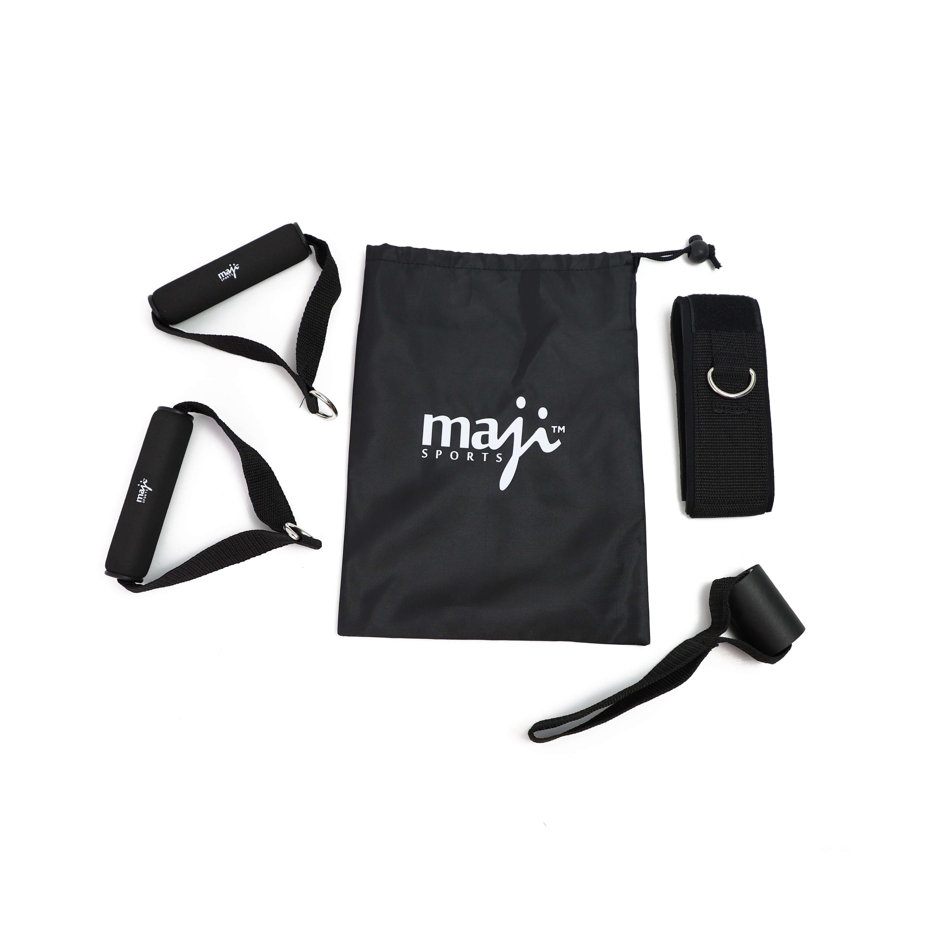 Full-Body Resistance Training Workout Tube Kit with various resistance bands, handles, and accessories in a carry bag.