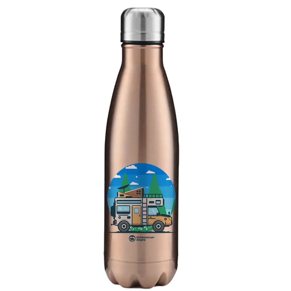 Funny Camping 17oz Stainless Steel Water Bottle with vibrant design, ideal for hot and cold drinks, featuring a leak-proof cap.