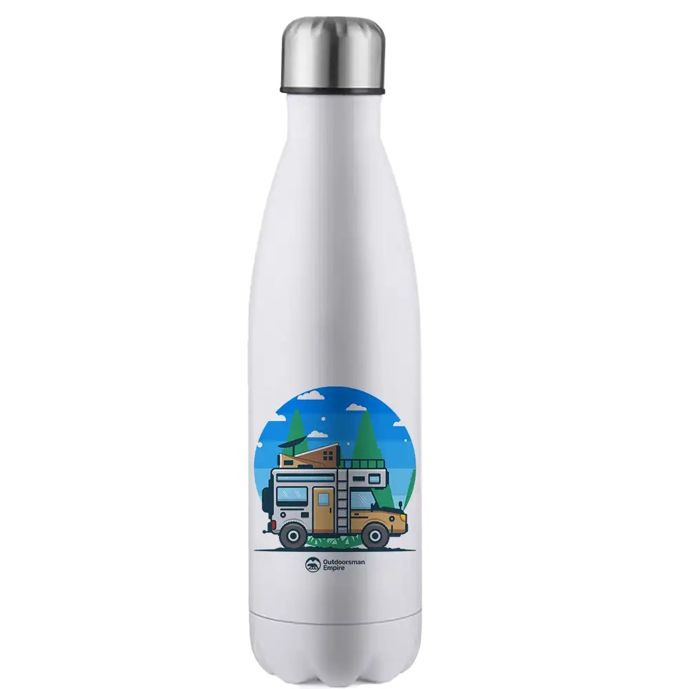 Funny Camping 17oz Stainless Steel Water Bottle with vibrant design, ideal for hot and cold drinks, featuring a leak-proof cap.