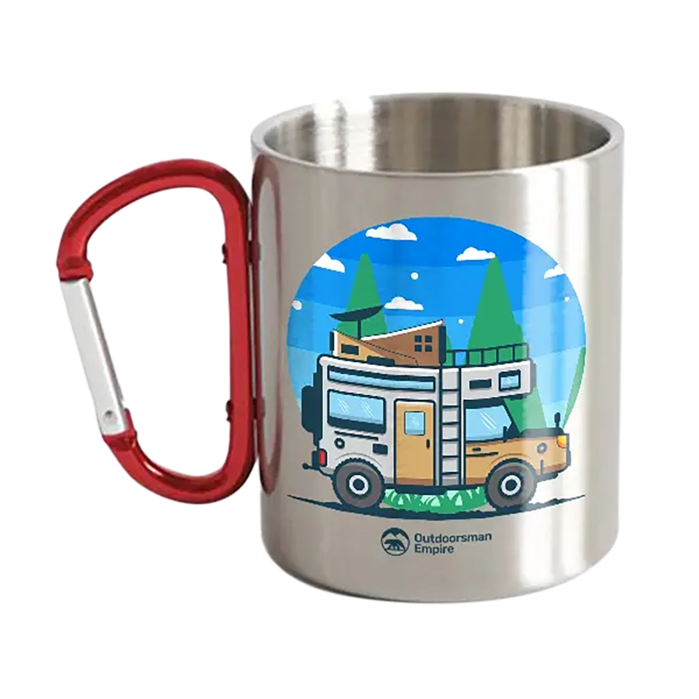 Funny Camping Stainless Steel Double Wall Carabiner Mug with red handle, perfect for outdoor adventures.