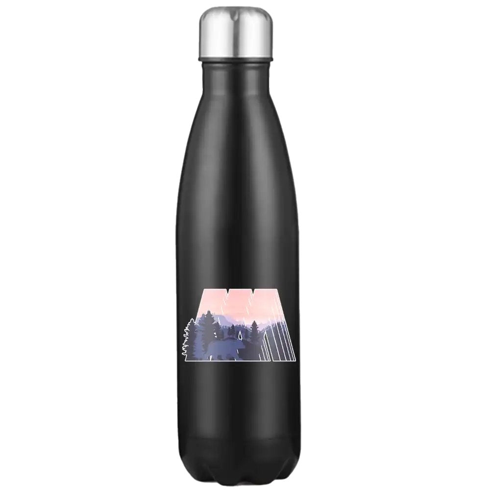 Geometric Camping 17oz Stainless Water Bottle with vibrant colors and double-wall insulation, perfect for hot and cold drinks.