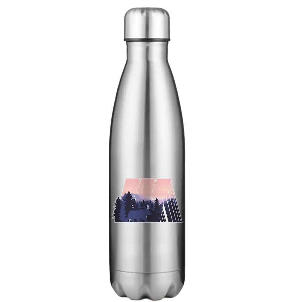 Geometric Camping 17oz Stainless Water Bottle with vibrant colors and double-wall insulation, perfect for hot and cold drinks.