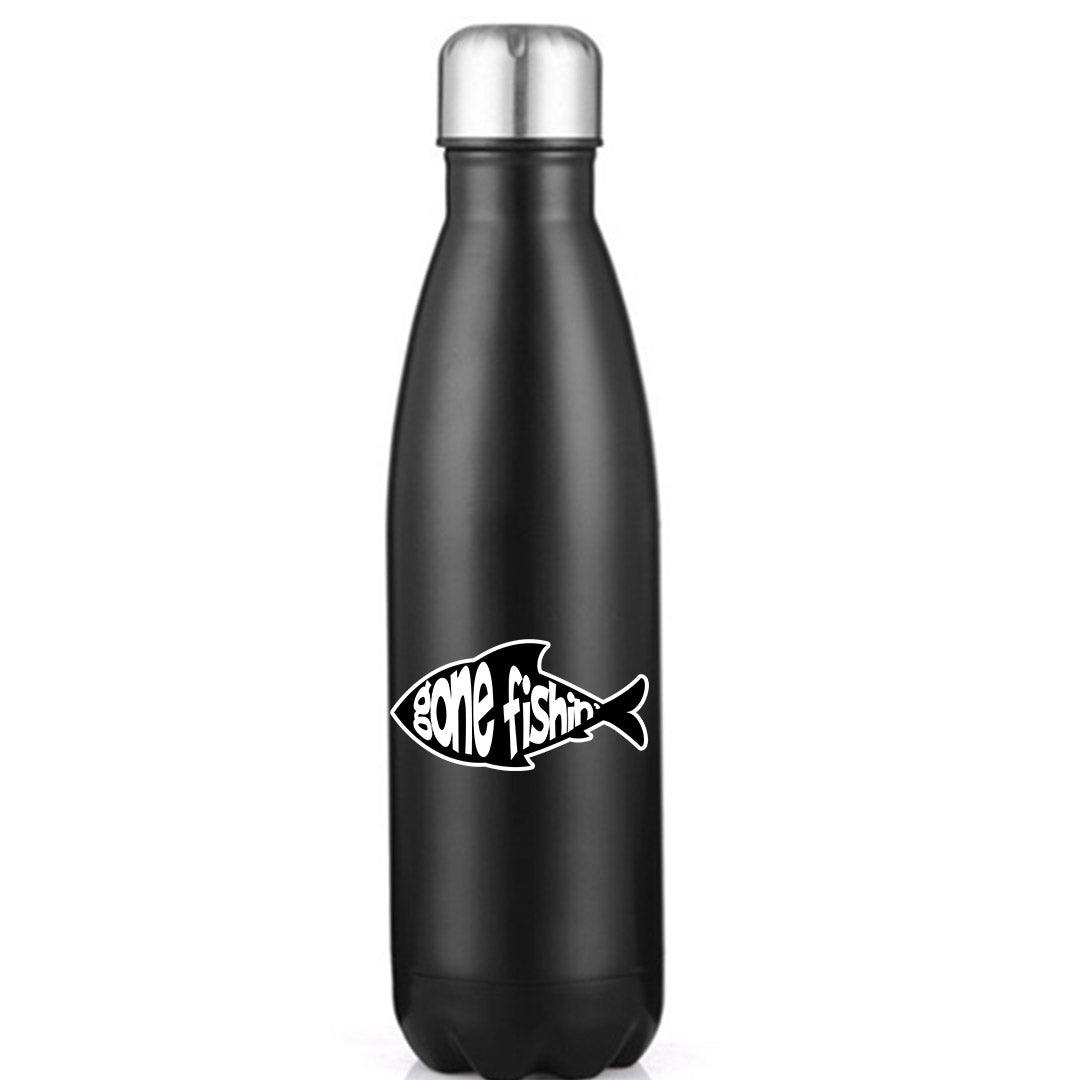 Gone Fishin v3' Stainless Steel Water Bottle in vibrant colors with a bowling pin shape, showcasing its insulated design.