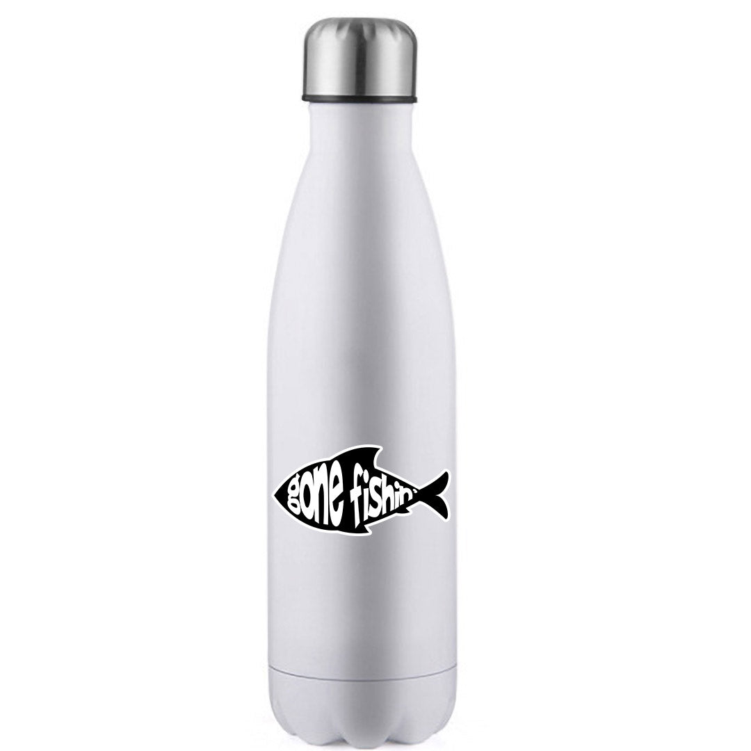 Gone Fishin v3' Stainless Steel Water Bottle in vibrant colors with a bowling pin shape, showcasing its insulated design.