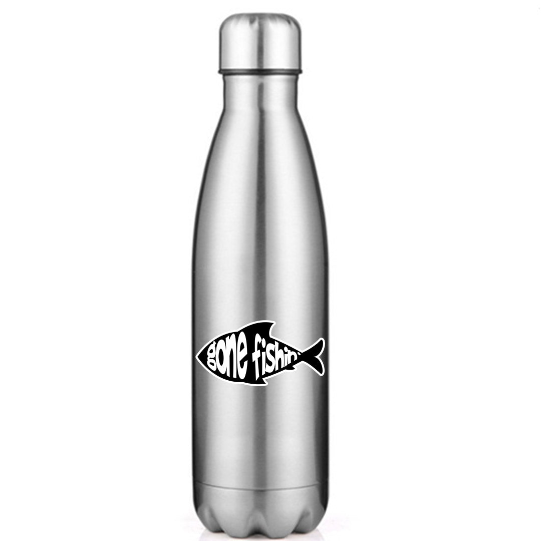 Gone Fishin v3' Stainless Steel Water Bottle in vibrant colors with a bowling pin shape, showcasing its insulated design.