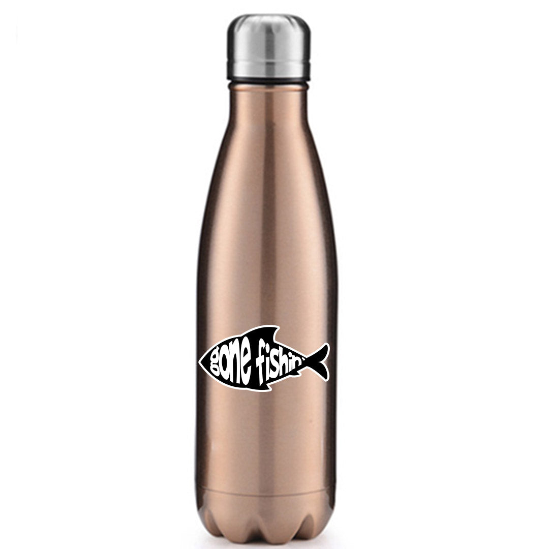 Gone Fishin v3' Stainless Steel Water Bottle in vibrant colors with a bowling pin shape, showcasing its insulated design.