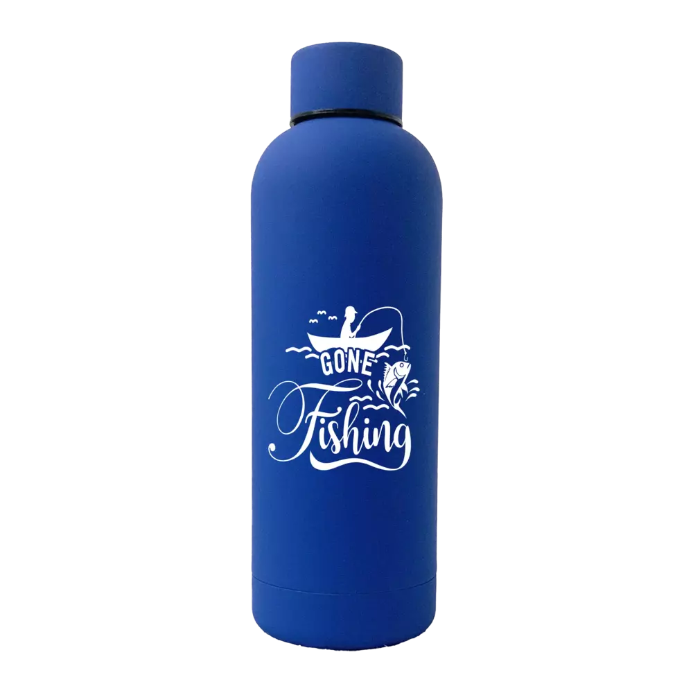 Gone Fishing 17oz stainless steel water bottle with rubberized coating, featuring a vibrant UV printed design.