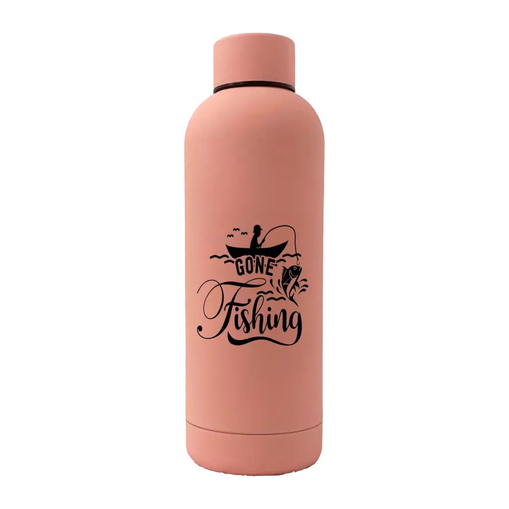 Gone Fishing 17oz stainless steel water bottle with rubberized coating, featuring a vibrant UV printed design.