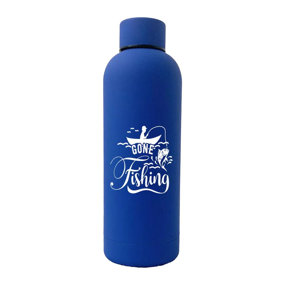 Gone Fishing 17oz stainless steel water bottle with rubberized coating, featuring a vibrant UV printed design.