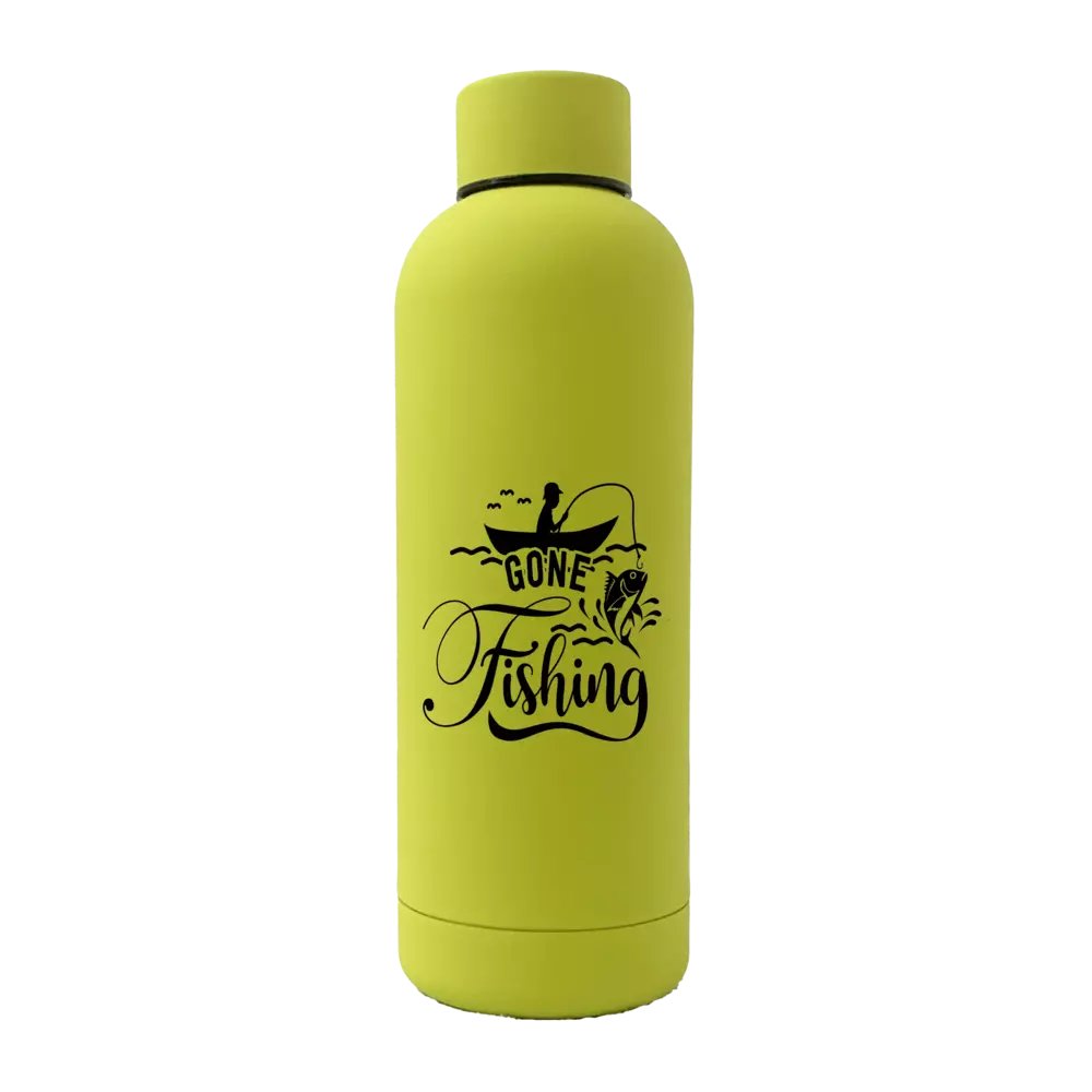 Gone Fishing 17oz stainless steel water bottle with rubberized coating, featuring a vibrant UV printed design.