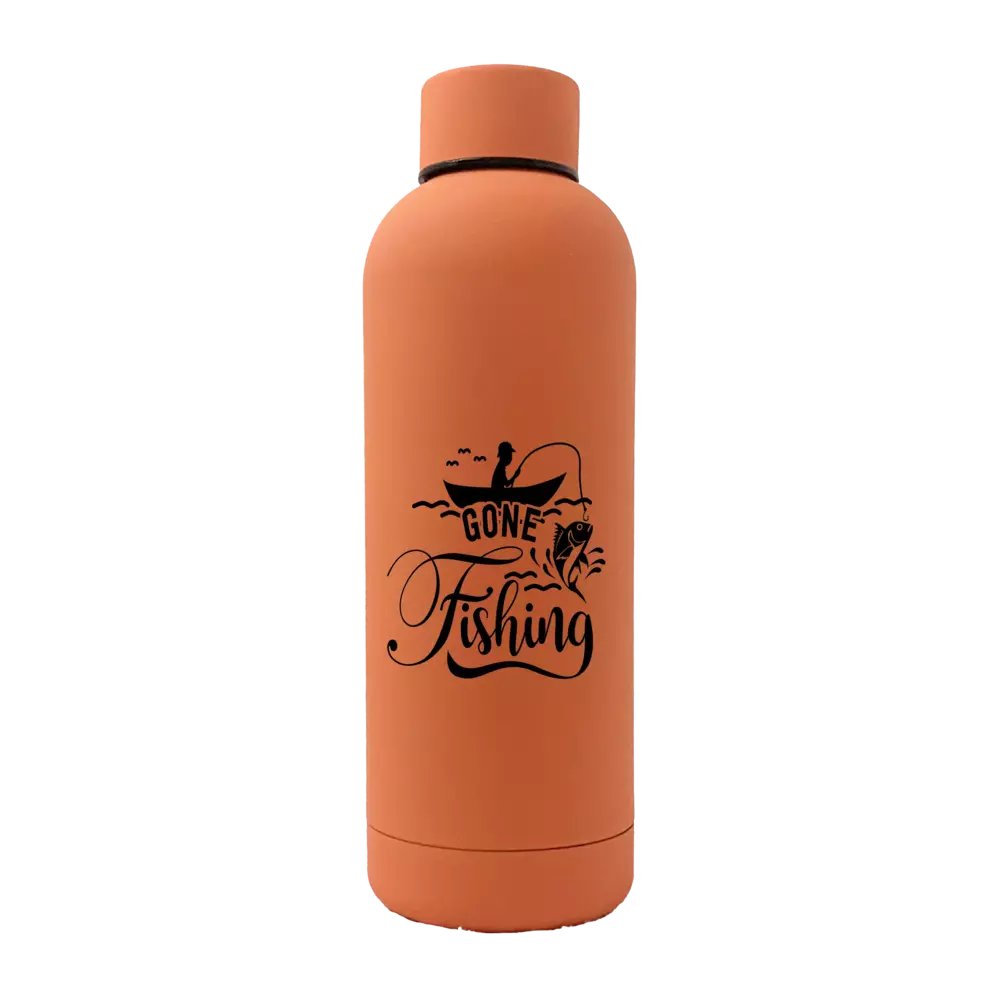 Gone Fishing 17oz stainless steel water bottle with rubberized coating, featuring a vibrant UV printed design.