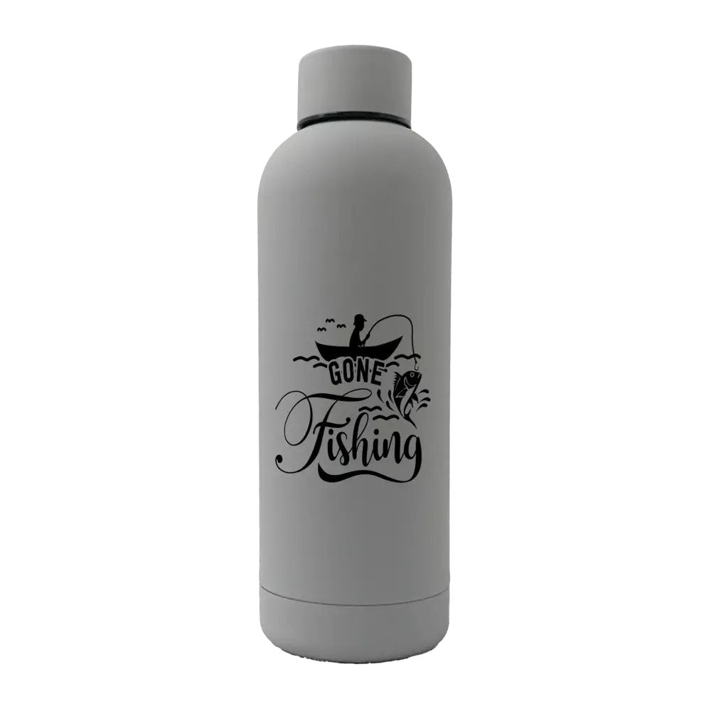 Gone Fishing 17oz stainless steel water bottle with rubberized coating, featuring a vibrant UV printed design.