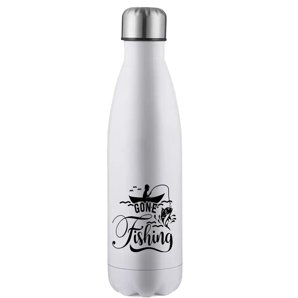 Gone Fishing 17oz Stainless Steel Water Bottle with UV printed design, showcasing its durable and stylish features.