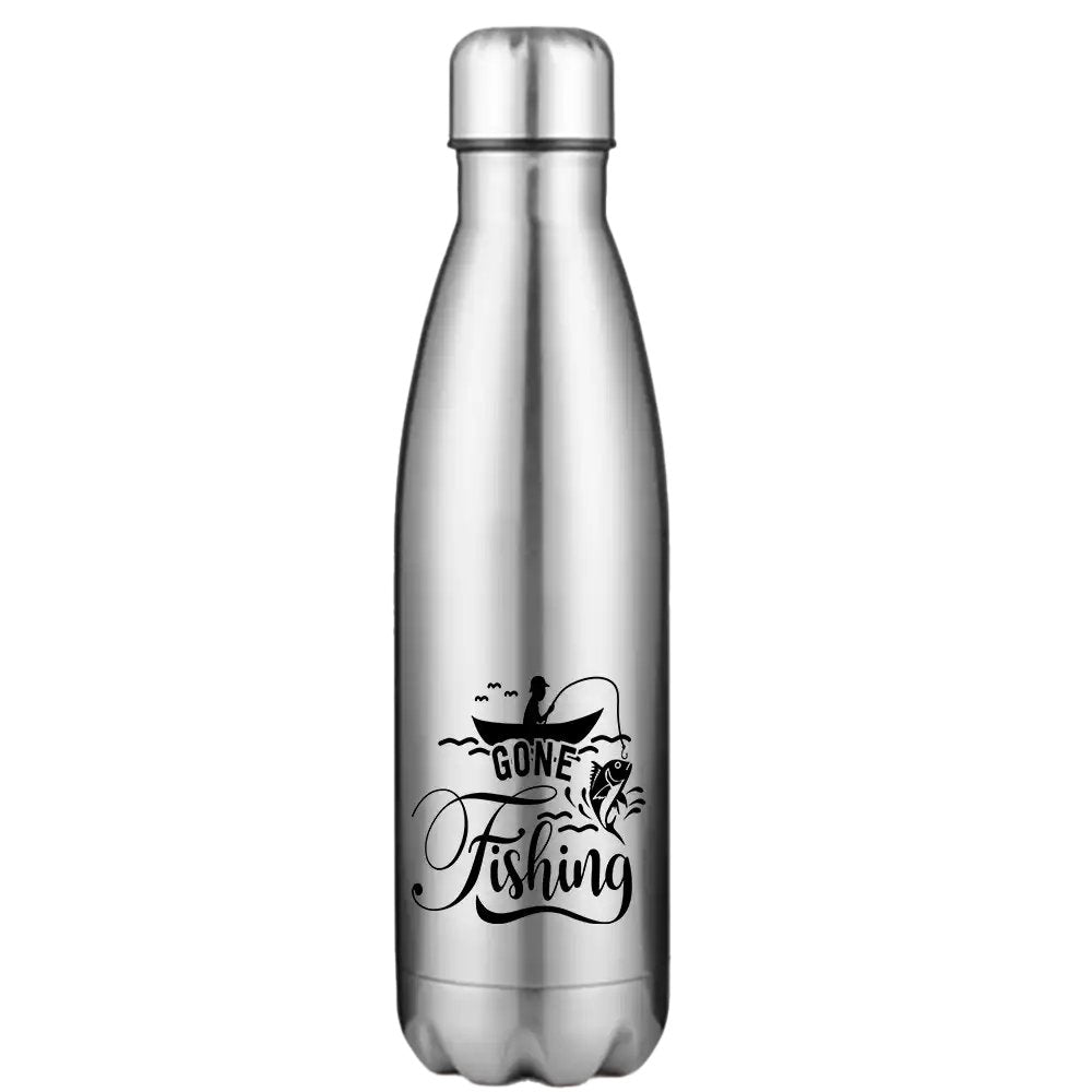 Gone Fishing 17oz Stainless Steel Water Bottle with UV printed design, showcasing its durable and stylish features.