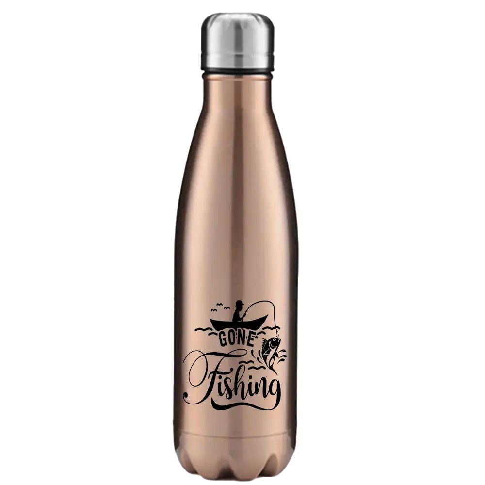 Gone Fishing 17oz Stainless Steel Water Bottle with UV printed design, showcasing its durable and stylish features.