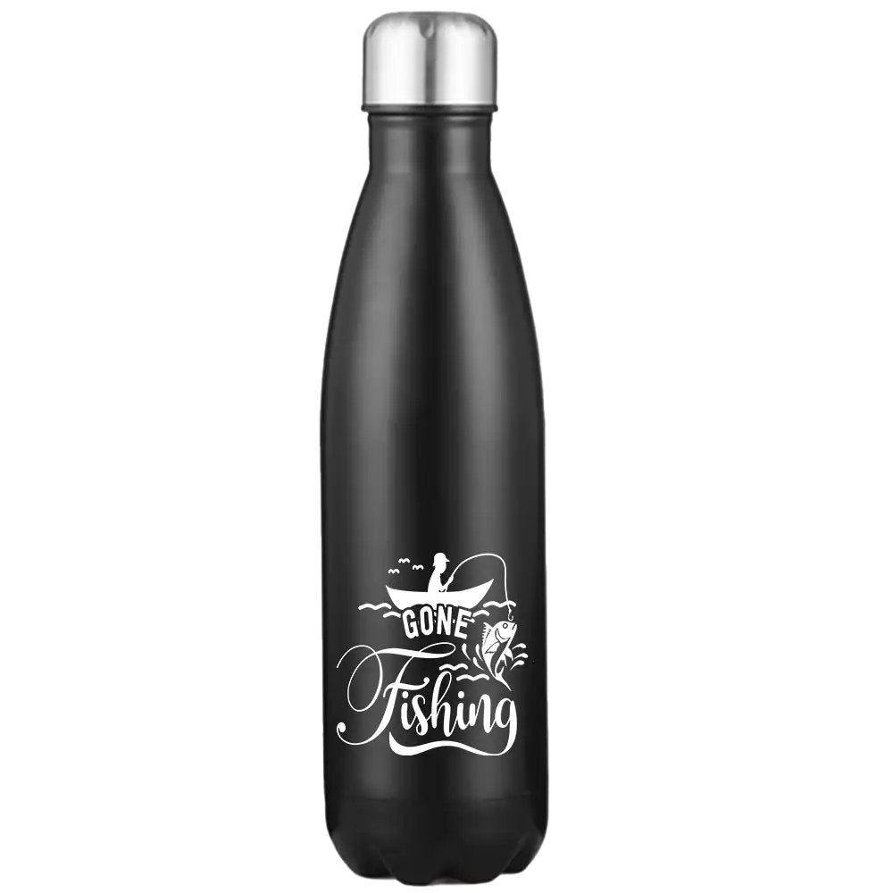 Gone Fishing 17oz Stainless Steel Water Bottle with UV printed design, showcasing its durable and stylish features.