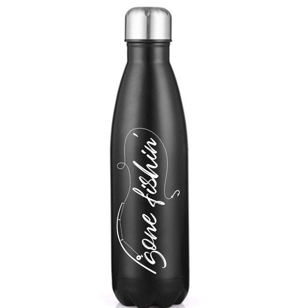 Gone Fishing v2 Stainless Steel Water Bottle in vibrant colors with a bowling pin shape, designed for hot and cold drinks.