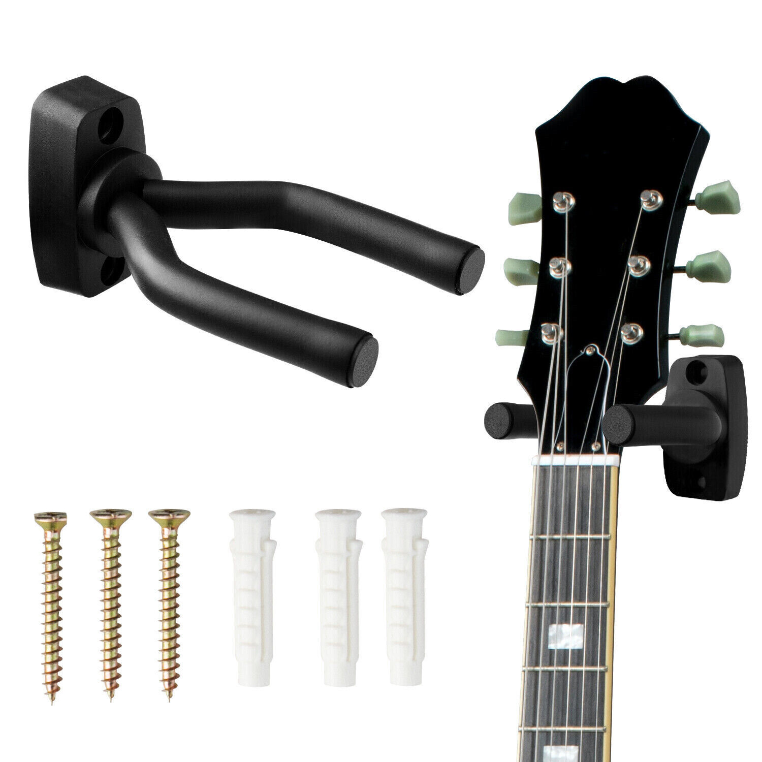 Metal guitar wall mount hanger with rotatable hook, designed for secure and stylish display of guitars and other string instruments.