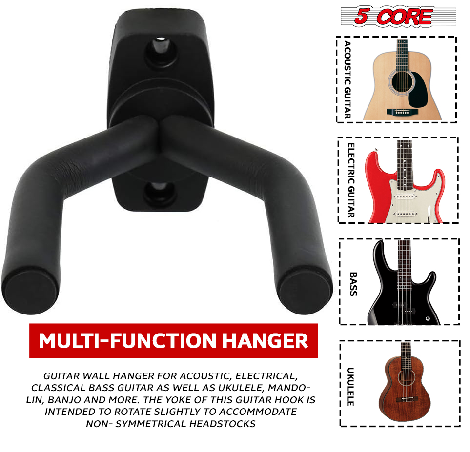 Metal guitar wall mount hanger with rotatable hook, designed for secure and stylish display of guitars and other string instruments.