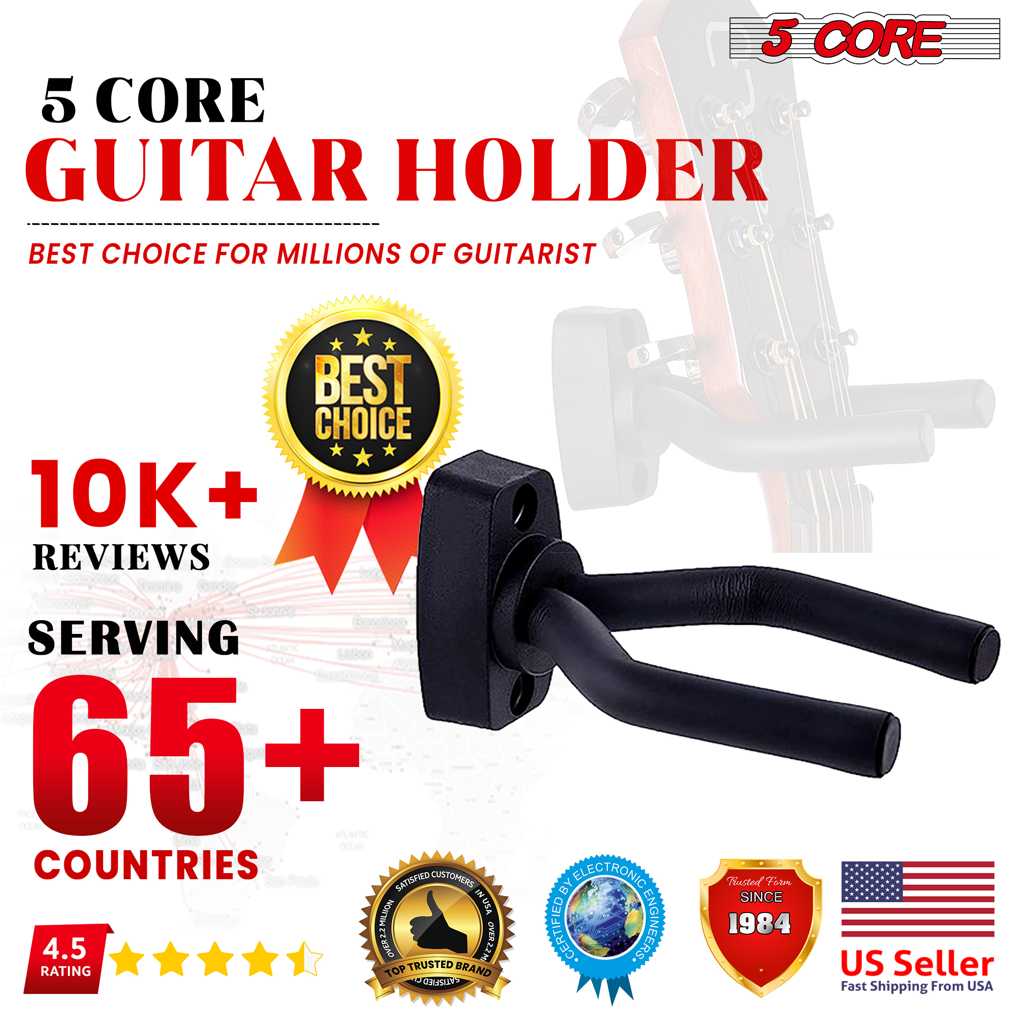 Metal guitar wall mount hanger with rotatable hook, designed for secure and stylish display of guitars and other string instruments.