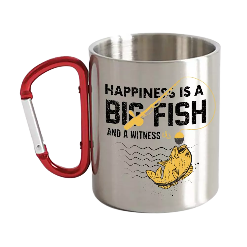 Happiness Is A Big Fish Carabiner Mug 12oz with vibrant UV printed design, showcasing its sturdy stainless steel build and carabiner handle.