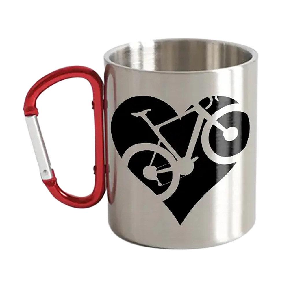 Heart Bike Stainless Steel Double Wall Carabiner Mug with red handle, perfect for outdoor activities.