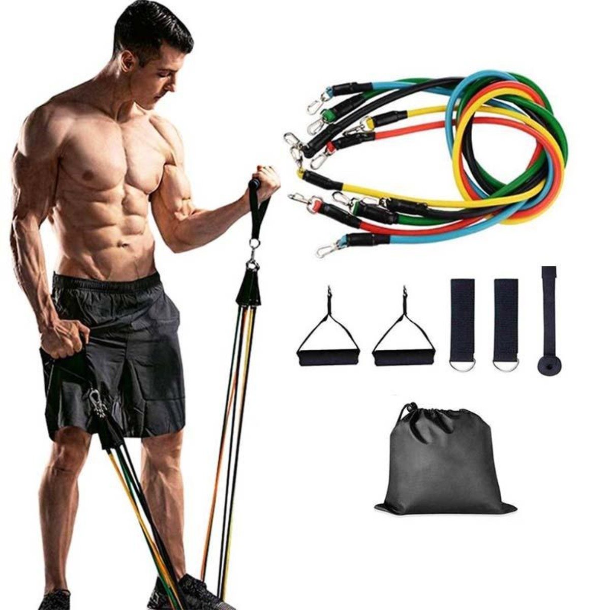 Home Gym 11 PCS Fitness Resistance Band set with various resistance levels and accessories including door anchor and carrying bag.