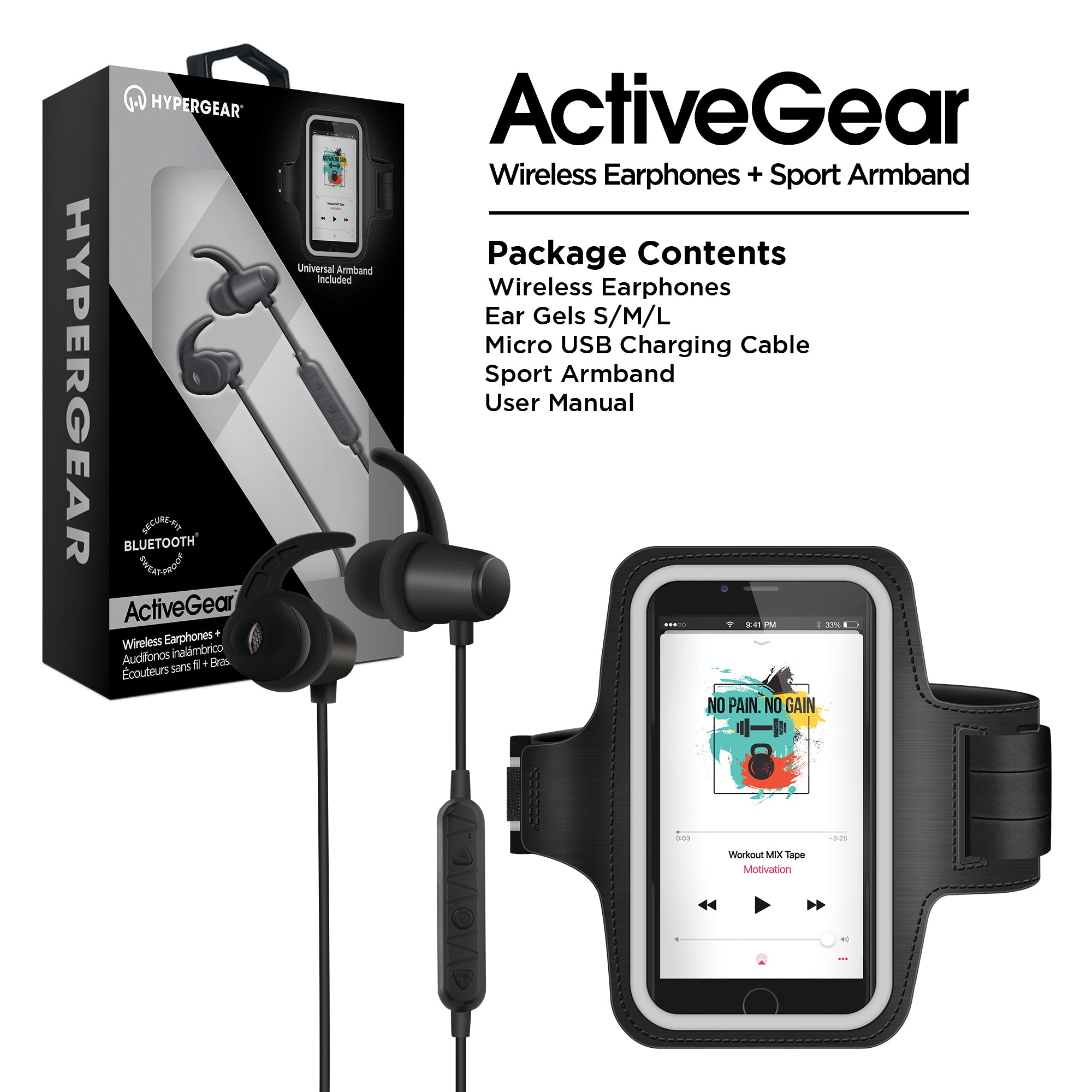 HyperGear ActiveGear Wireless Earphones with Sports Armband, showcasing earphones and adjustable armband for fitness enthusiasts.