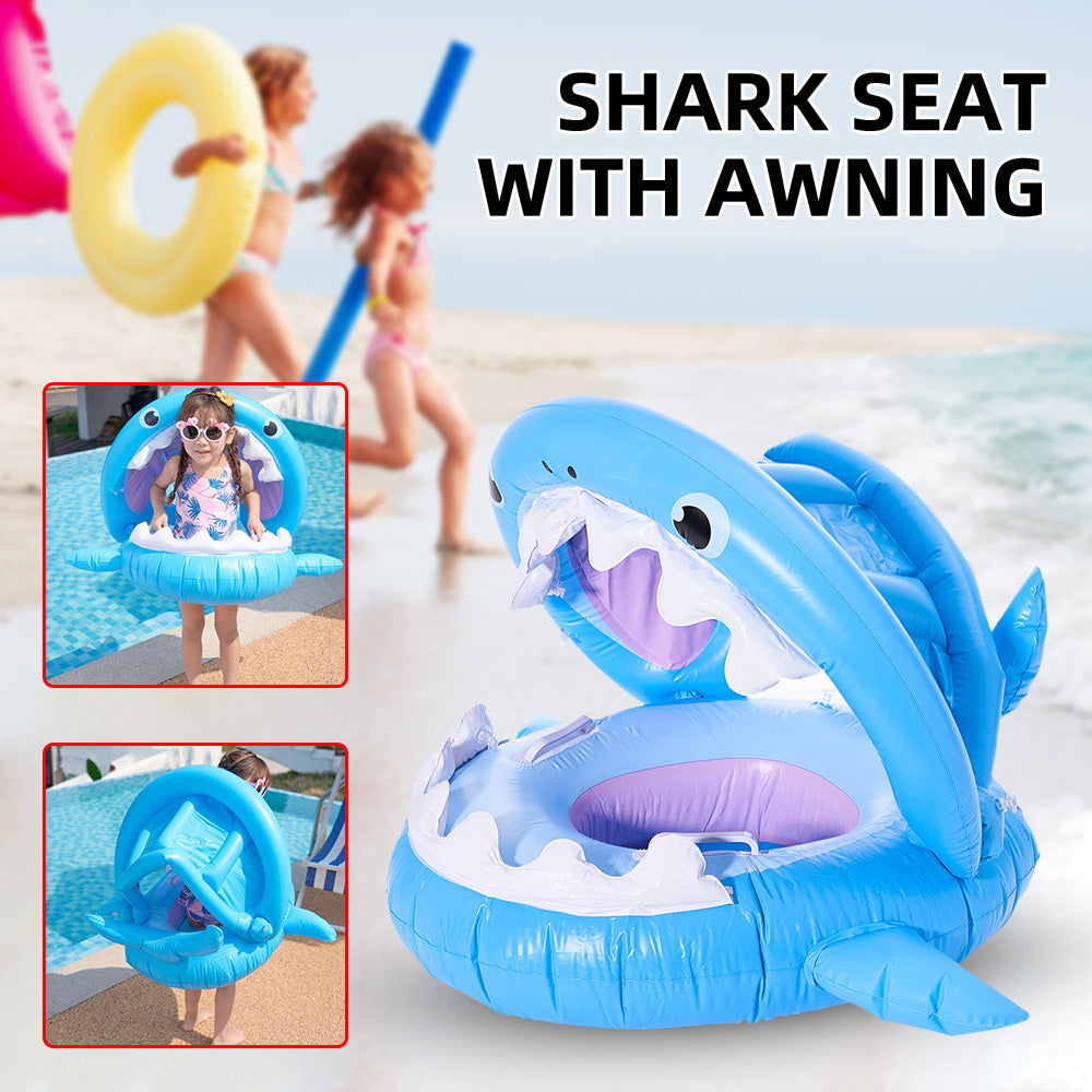 Inflatable swimming ring for kids featuring a shark design with a detachable awning for sun protection, perfect for pool fun.