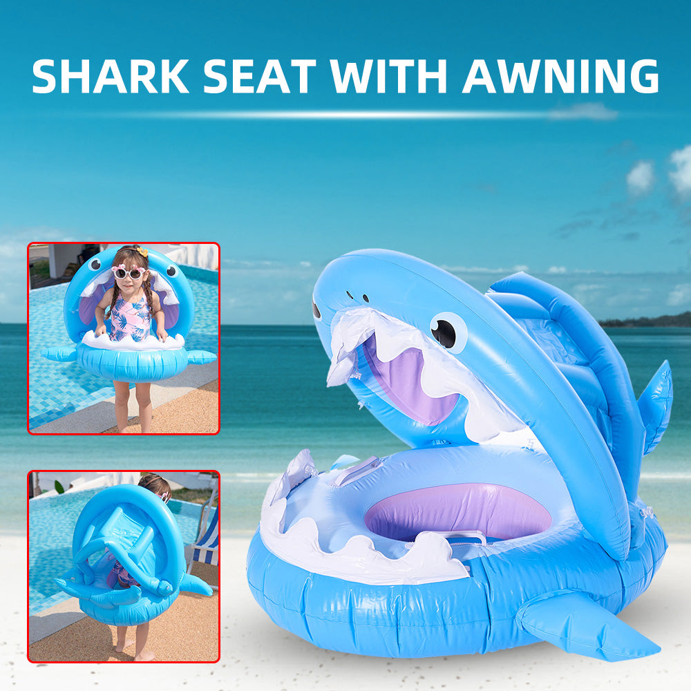 Inflatable swimming ring for kids featuring a shark design with a detachable awning for sun protection, perfect for pool fun.