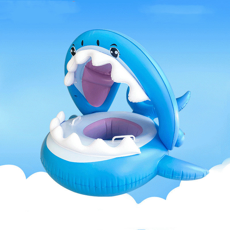 Inflatable swimming ring for kids featuring a shark design with a detachable awning for sun protection, perfect for pool fun.