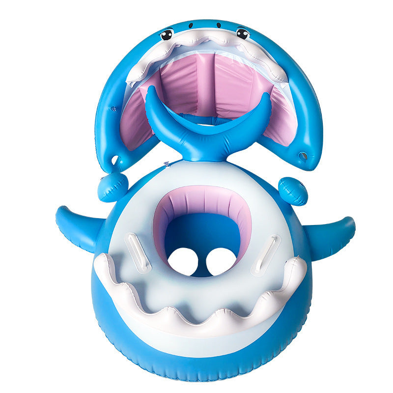 Inflatable swimming ring for kids featuring a shark design with a detachable awning for sun protection, perfect for pool fun.