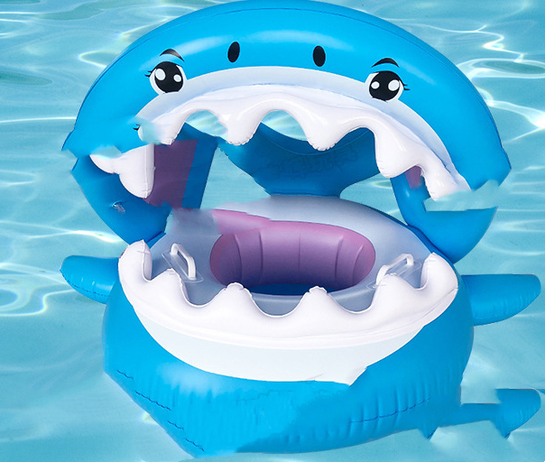 Inflatable swimming ring for kids featuring a shark design with a detachable awning for sun protection, perfect for pool fun.