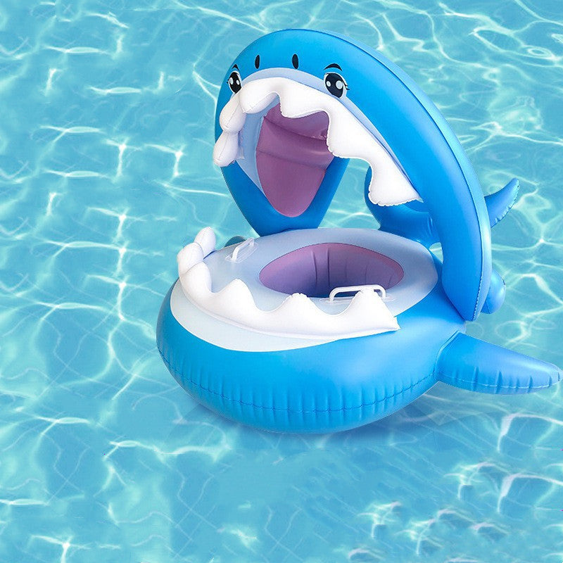 Inflatable swimming ring for kids featuring a shark design with a detachable awning for sun protection, perfect for pool fun.