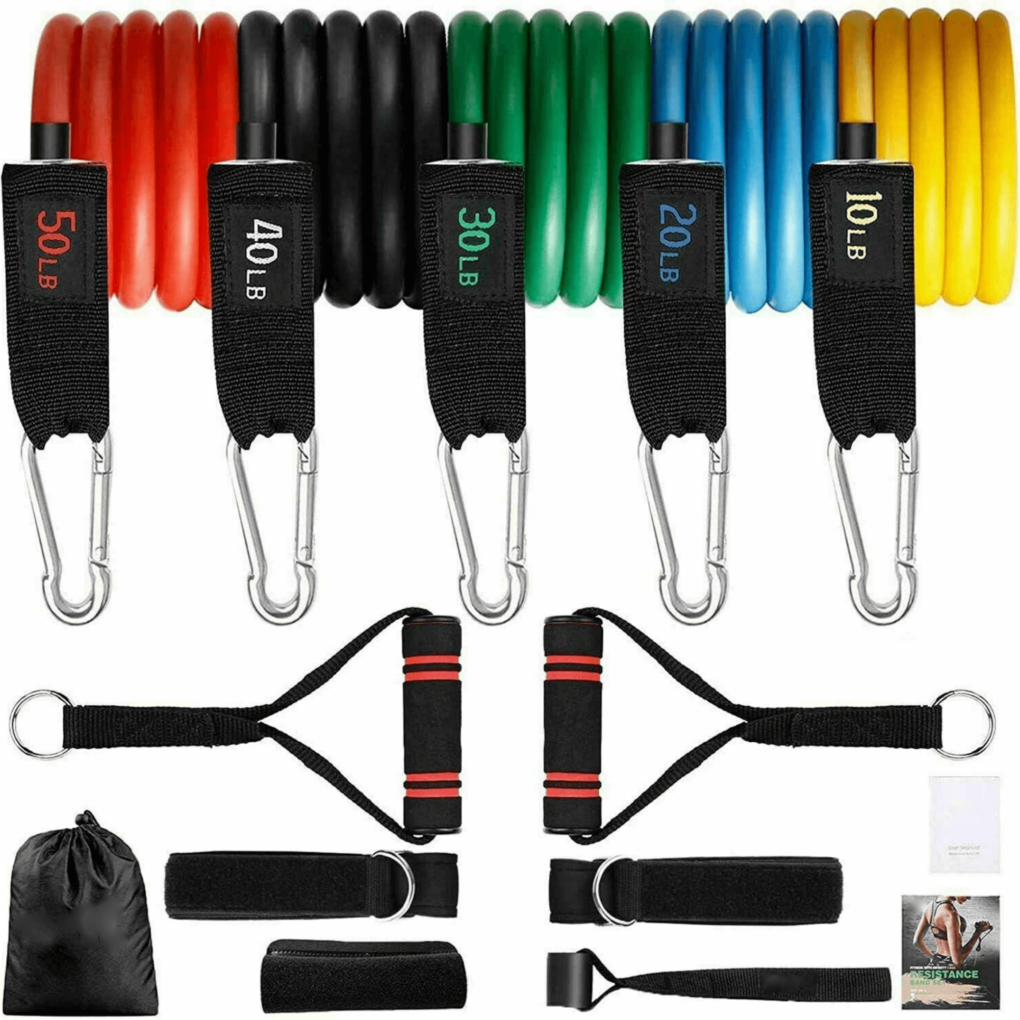 Intey 13-Pcs Resistance Band Set with various colored bands, handles, ankle straps, and a door anchor, all neatly arranged in a compact carrying bag.