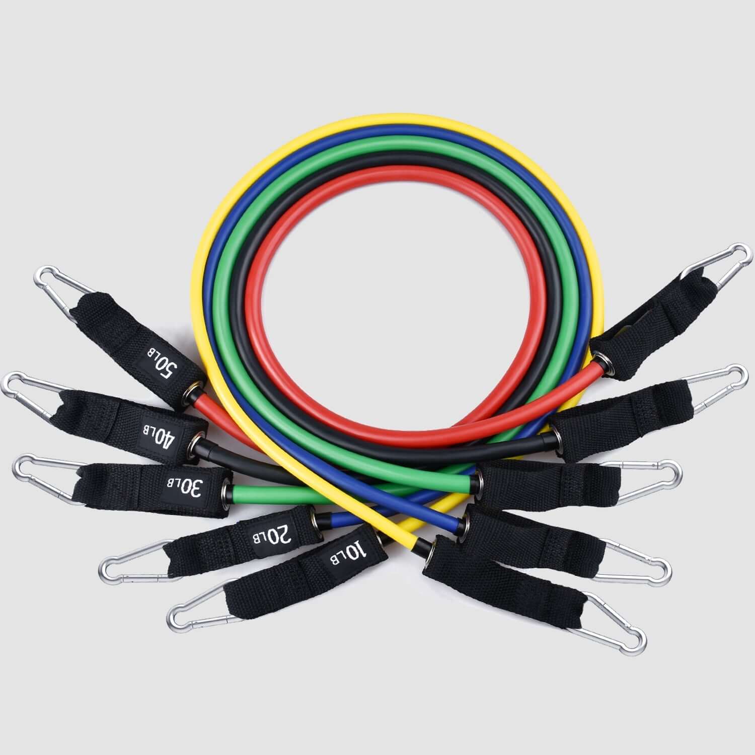 Intey 13-Pcs Resistance Band Set with various colored bands, handles, ankle straps, and a door anchor, all neatly arranged in a compact carrying bag.