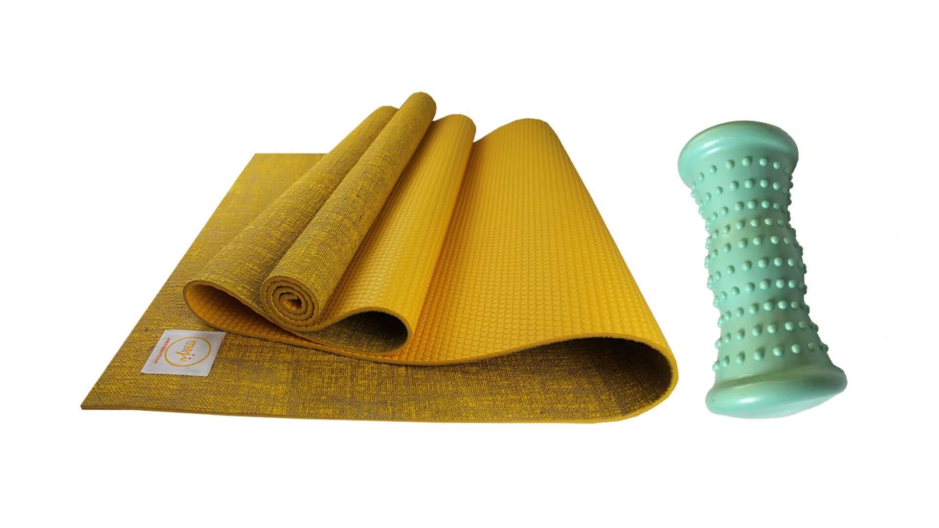 Jute Premium Eco Yoga Mat with textured surface and a small foot massager, showcasing eco-friendly materials and design.