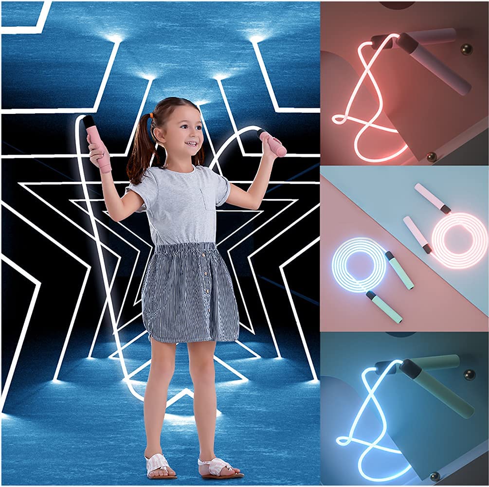 Luminous Rope Tangle-Free Rapid Speed Jumping Rope in vibrant colors, showcasing its comfortable handles and glowing features for kids and adults.