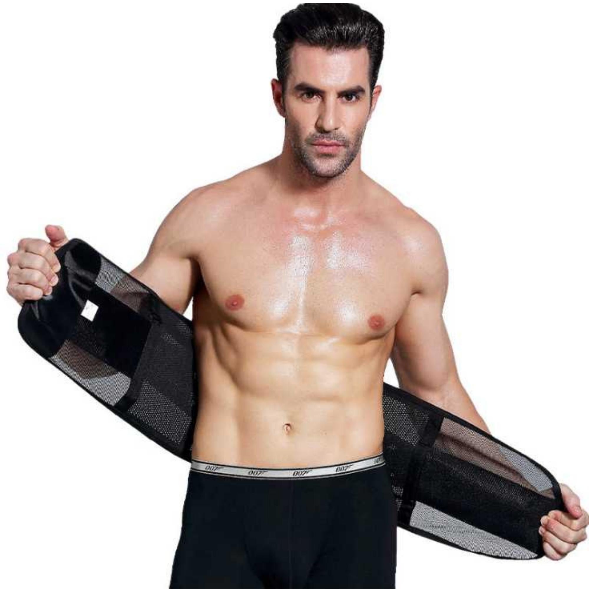 Men's Adjustable Waist Trainer and Shaper featuring a Velcro closure and breathable mesh design, suitable for various waist sizes.