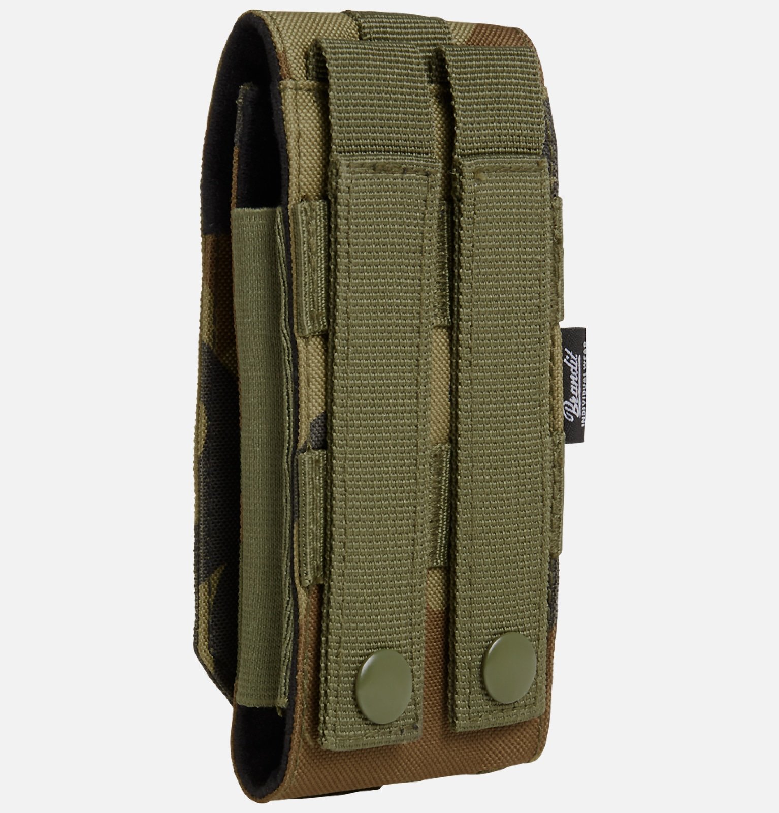 Molle Phone Pouch made of robust 600DEN polyester, featuring PALS fastening loops, soft inner material, and secure velcro fastening for smartphone protection.