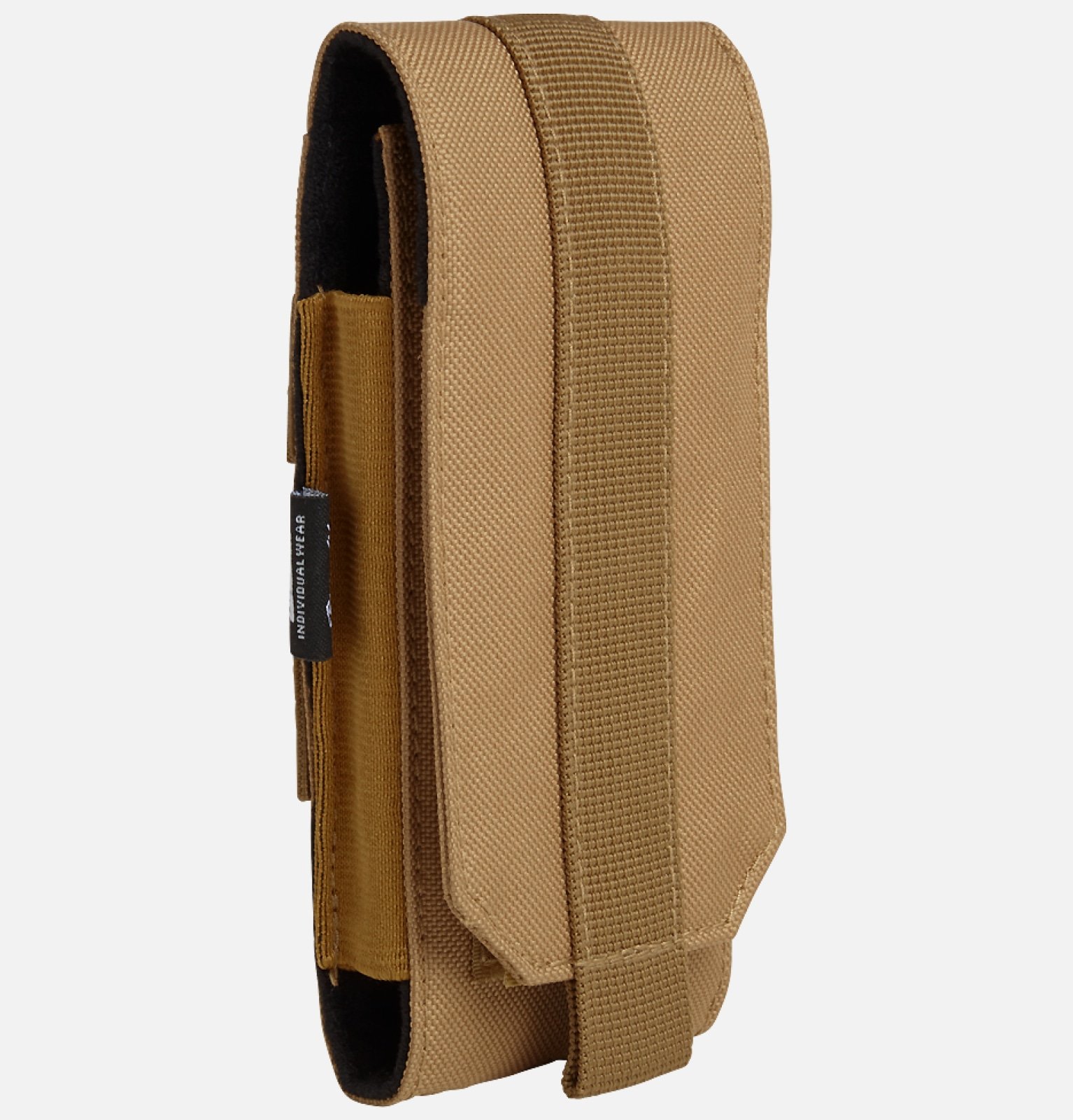 Molle Phone Pouch made of robust 600DEN polyester, featuring PALS fastening loops, soft inner material, and secure velcro fastening for smartphone protection.