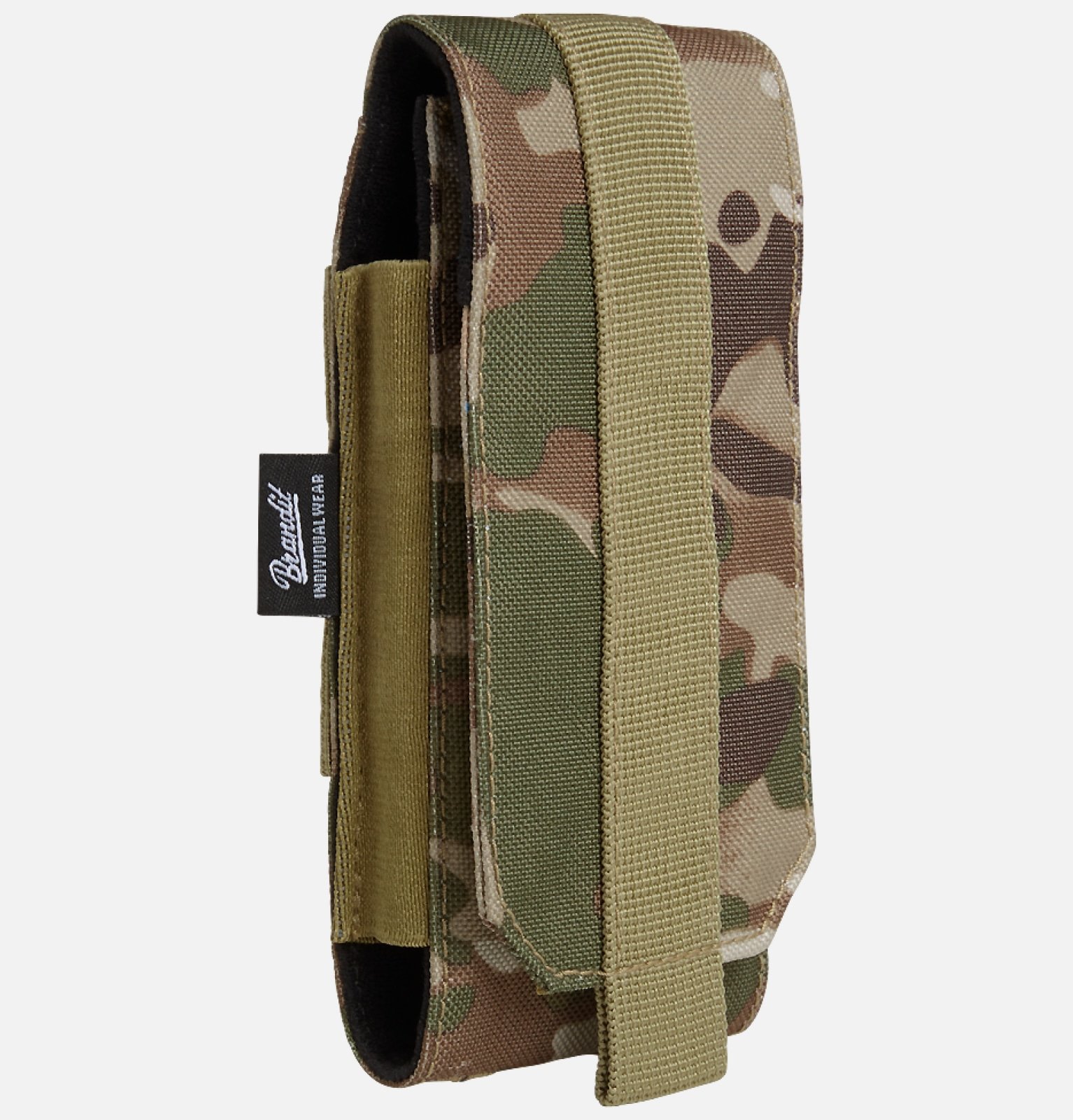 Molle Phone Pouch made of robust 600DEN polyester, featuring PALS fastening loops, soft inner material, and secure velcro fastening for smartphone protection.