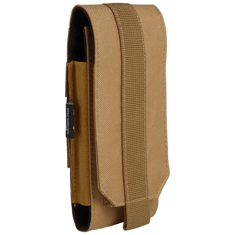 Molle Phone Pouch made of robust 600DEN polyester, featuring PALS fastening loops, soft inner material, and secure velcro fastening for smartphone protection.