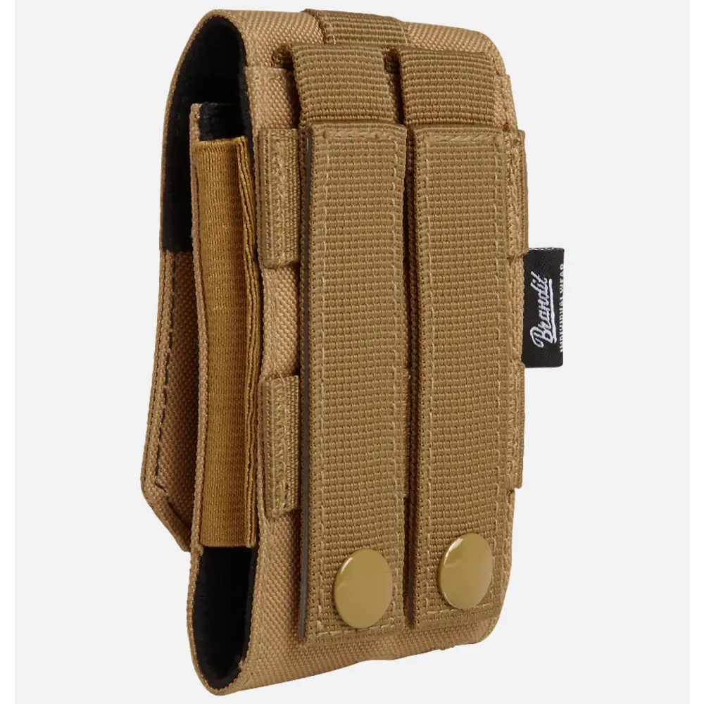 Molle Phone Pouch made of robust 600DEN polyester, featuring PALS fastening loops, soft inner material, and secure velcro fastening for smartphone protection.