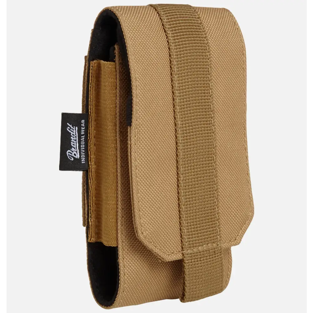 Molle Phone Pouch made of robust 600DEN polyester, featuring PALS fastening loops, soft inner material, and secure velcro fastening for smartphone protection.