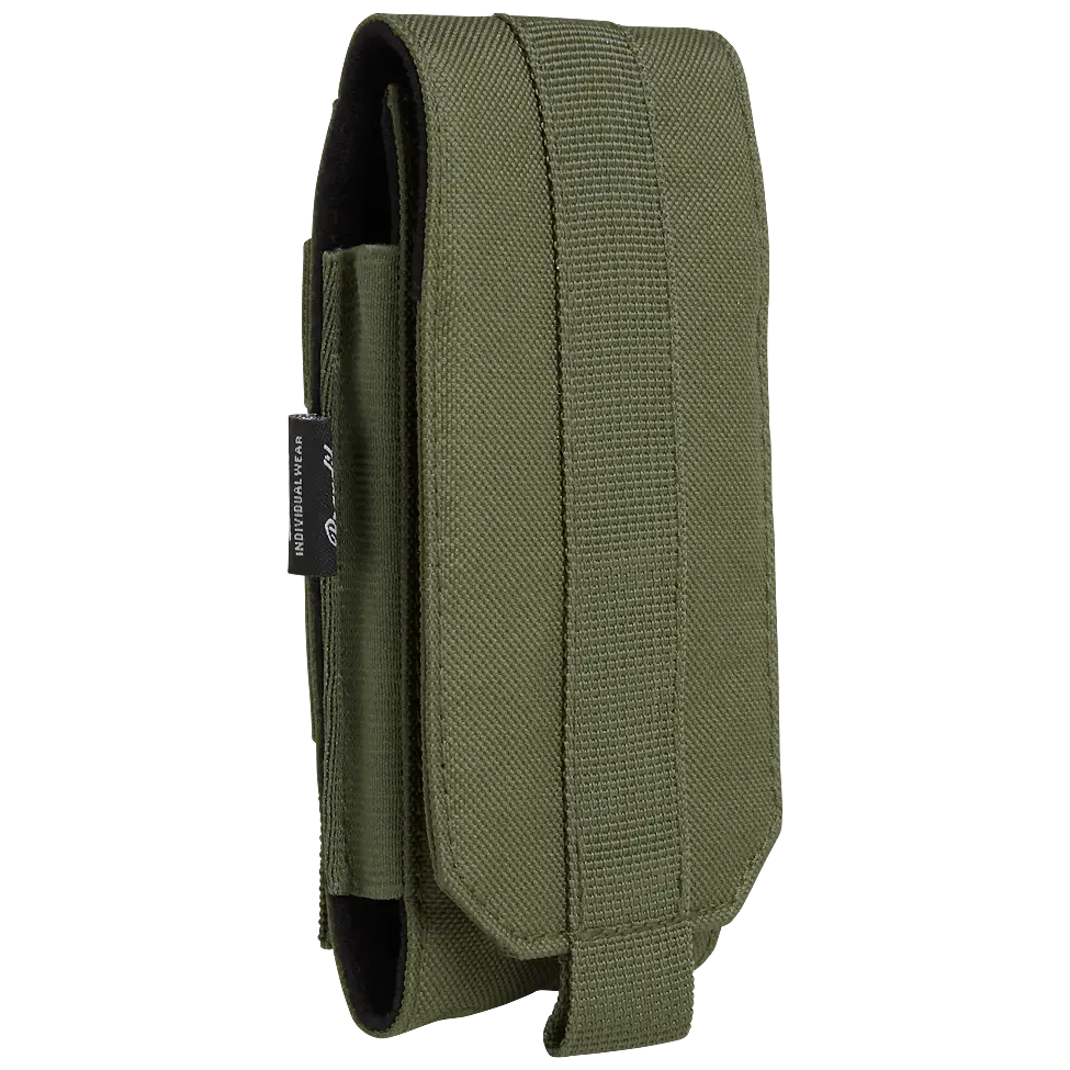 Molle Phone Pouch made of robust 600DEN polyester, featuring PALS fastening loops, soft inner material, and secure velcro fastening for smartphone protection.