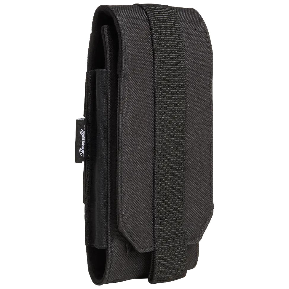 Molle Phone Pouch made of robust 600DEN polyester, featuring PALS fastening loops, soft inner material, and secure velcro fastening for smartphone protection.