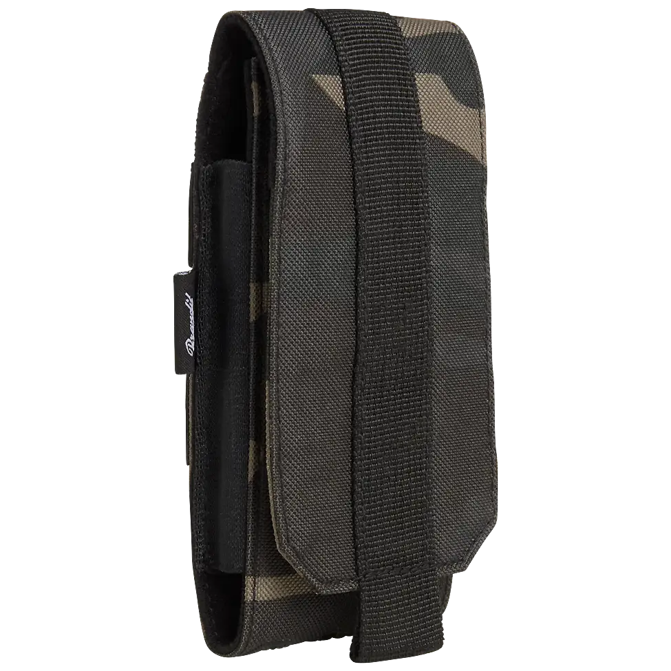 Molle Phone Pouch made of robust 600DEN polyester, featuring PALS fastening loops, soft inner material, and secure velcro fastening for smartphone protection.